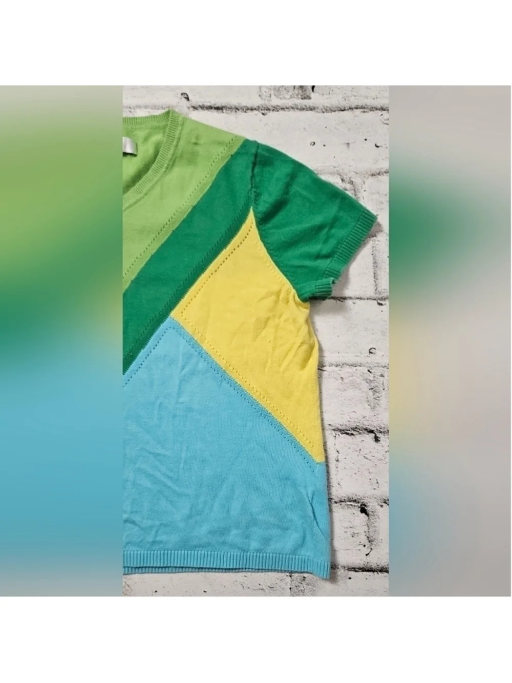 Liz Claiborne Golf Colorblock Knit Sweater Top Green Yellow Blue Size L